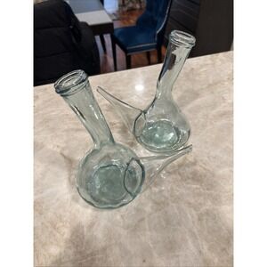 Set Of 2 Hand Blown Spanish Porron Oil Vinegar Decanter Bottle Green Tint Glass